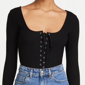Forever 21 Lace Up Ribbed Bodysuit Top Black Large